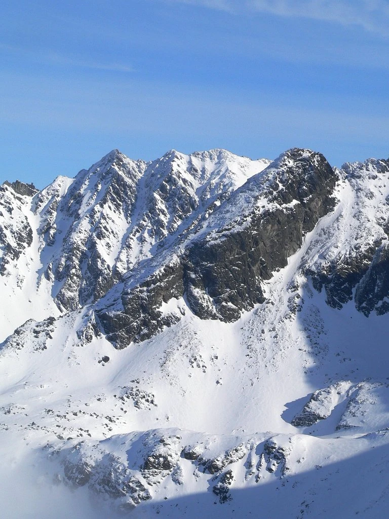 Kościelec in winter, with Granaty behind. View from Beskid, 23 February 2007. Landscape context, not a record of the descents described.